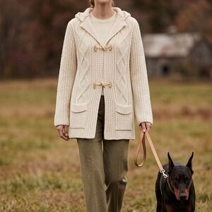 St Michael Vintage Cream Cable Knit Hooded Toggle Cardigan Sweater Cottagecore